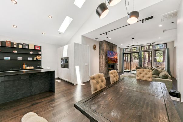 Dining room, Fireplace, Interior, Living room, Pendant Lights, Recessed Lighting, Wood Texture Flooring