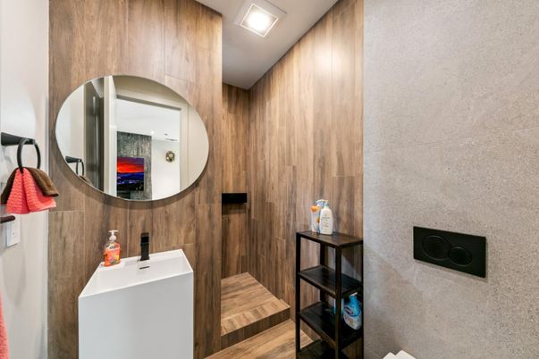 Bathroom, Interior, Recessed Lighting, Wood Texture Flooring, Wooden Walls