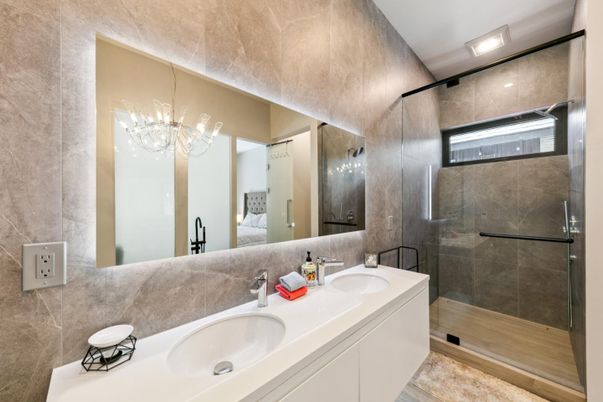 Bathroom, Dual Sink Vanities, Glass Shower, Interior, Recessed Lighting