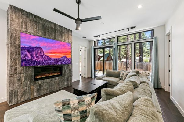 Fireplace, Interior, Living room, Recessed Lighting, Wood Texture Flooring