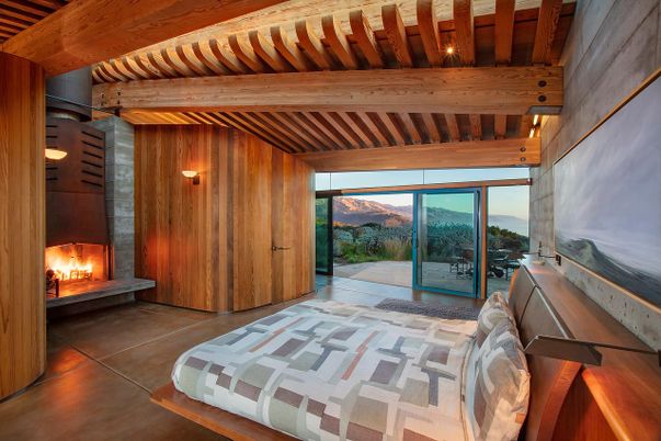 Bedroom, Fireplace, Interior, Wooden Beams, Wooden Ceilings, Wooden Walls