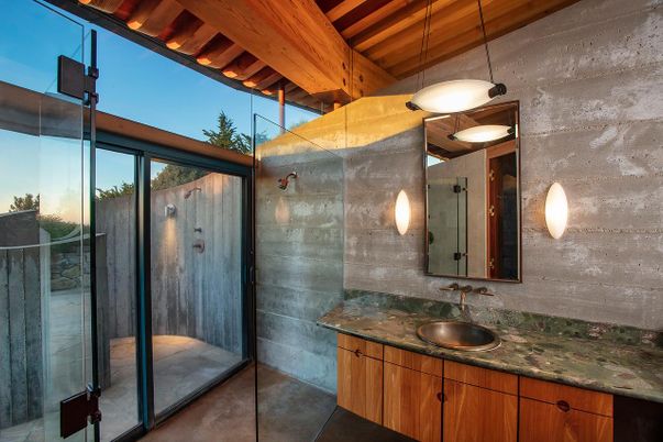 Bathroom, Glass Shower, Interior, Pendant Lights, Wooden Beams, Wooden Ceilings