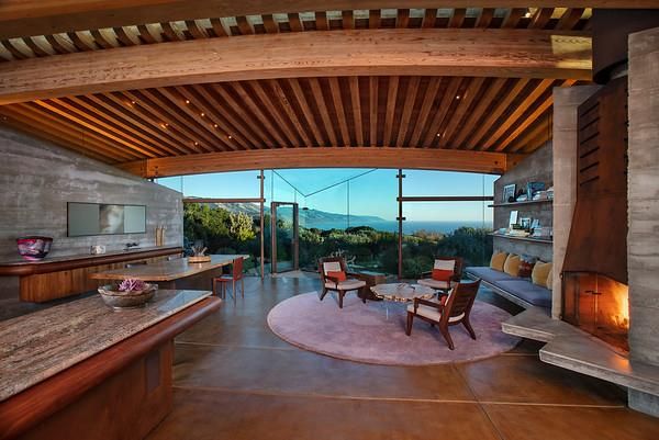 Fireplace, Interior, Living room, Recessed Lighting, Water, Wooden Beams, Wooden Ceilings