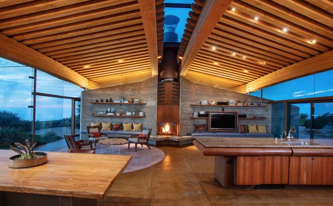 Dining room, Fireplace, Hot Tub, Interior, Living room, Recessed Lighting, Water, Wooden Ceilings
