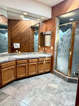 Bathroom, Dual Sink Vanities, Interior, Recessed Lighting, Wooden Walls