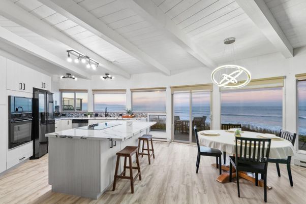 Dining room, Interior, Kitchen, Pendant Lights, Water, Wood Texture Flooring