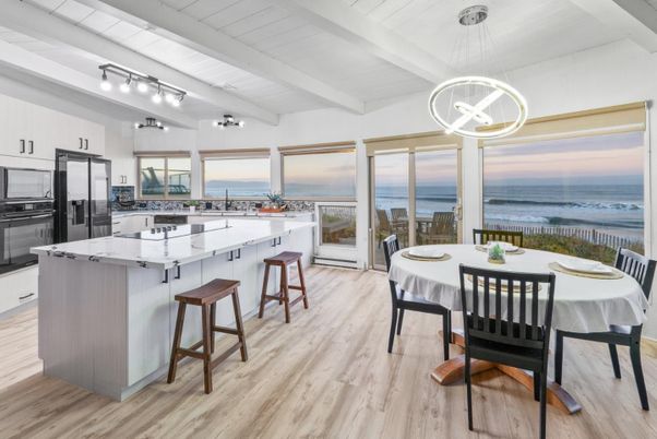 Dining room, Interior, Kitchen, Pendant Lights, Stainless Steel Appliances, Water, Wood Texture Flooring