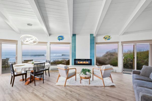 Dining room, Fireplace, Interior, Living room, Pendant Lights, Water, Wood Texture Flooring