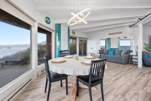Dining room, Interior, Living room, Pendant Lights, Water, Wood Texture Flooring