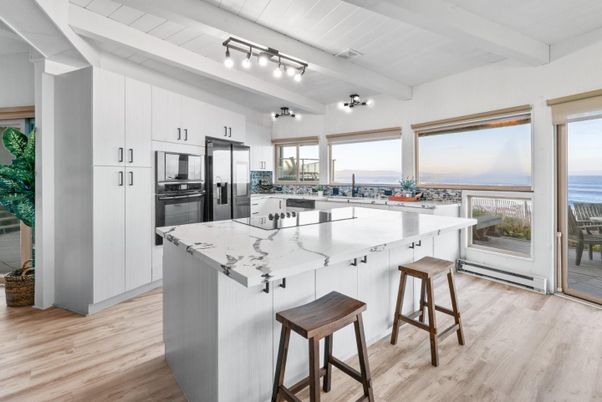 Interior, Kitchen, Stainless Steel Appliances, Water, Wood Texture Flooring