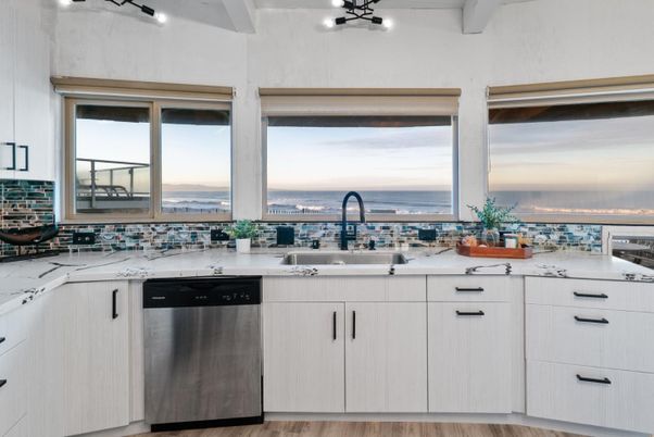 Interior, Kitchen, Stainless Steel Appliances, Water, Wood Texture Flooring