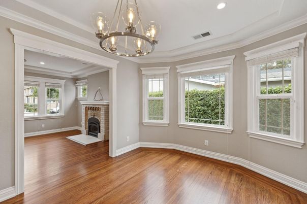 Chandelier, Empty room, Fireplace, Interior, Recessed Lighting, Wood Texture Flooring