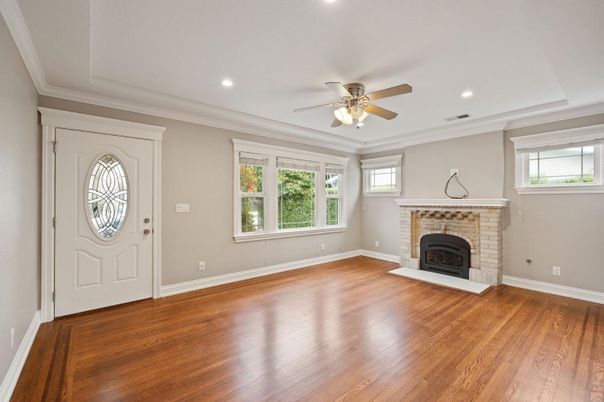 Empty room, Fireplace, Interior, Recessed Lighting, Wood Texture Flooring
