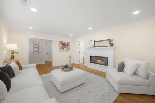 Fireplace, Interior, Living room, Recessed Lighting, Wood Texture Flooring