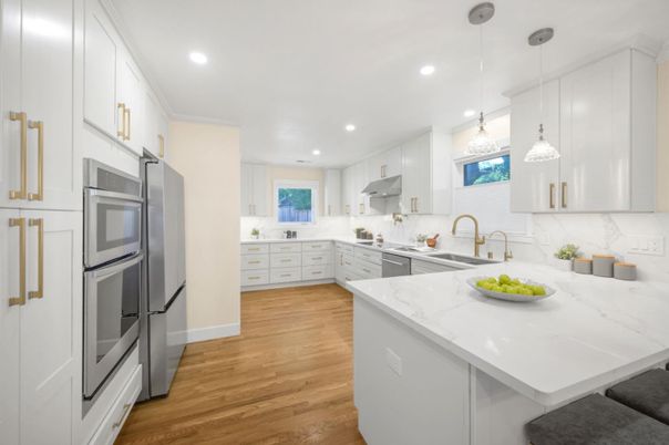 Interior, Kitchen, Pendant Lights, Recessed Lighting, Stainless Steel Appliances, Wood Texture Flooring
