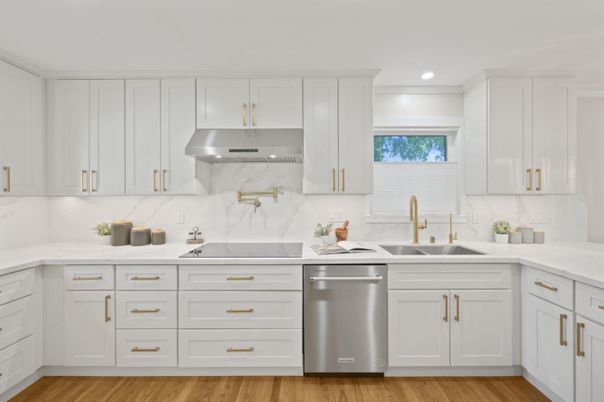Interior, Kitchen, Marble Walls, Recessed Lighting, Stainless Steel Appliances, Wood Texture Flooring