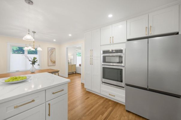 Interior, Kitchen, Pendant Lights, Recessed Lighting, Stainless Steel Appliances, Wood Texture Flooring