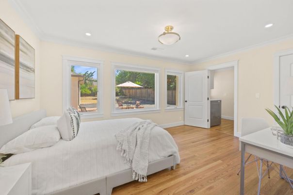 Bedroom, Interior, Recessed Lighting, Wood Texture Flooring