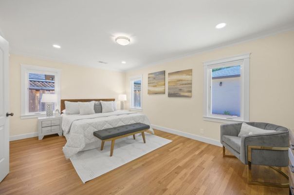 Bedroom, Interior, Recessed Lighting, Wood Texture Flooring