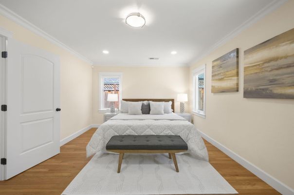 Bedroom, Interior, Recessed Lighting, Wood Texture Flooring