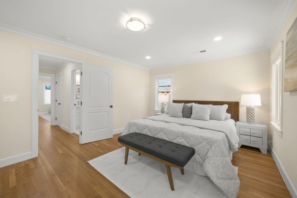 Bedroom, Interior, Recessed Lighting, Wood Texture Flooring