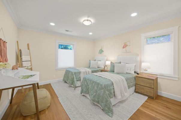 Bedroom, Interior, Recessed Lighting, Wood Texture Flooring