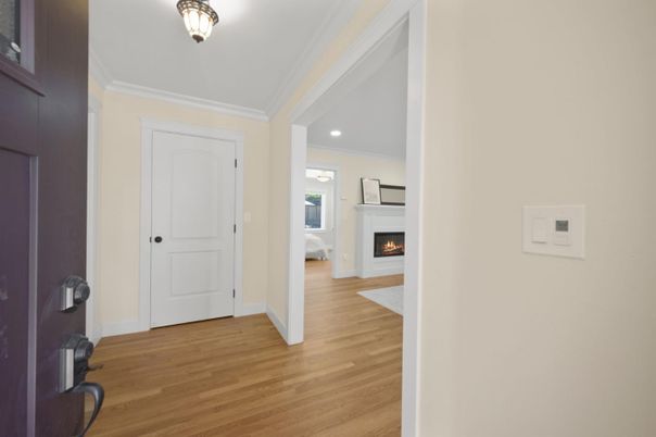 Fireplace, Interior, Recessed Lighting, Wood Texture Flooring