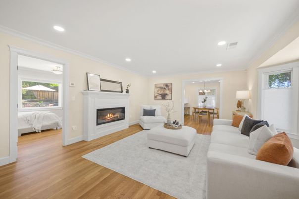 Dining room, Fireplace, Interior, Living room, Pendant Lights, Recessed Lighting, Wood Texture Flooring
