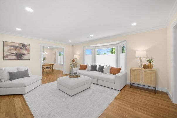 Dining room, Interior, Living room, Recessed Lighting, Wood Texture Flooring