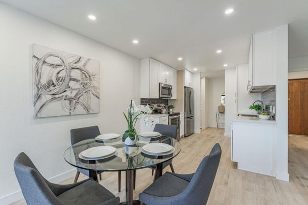 Dining room, Interior, Kitchen, Recessed Lighting, Stainless Steel Appliances, Wood Texture Flooring