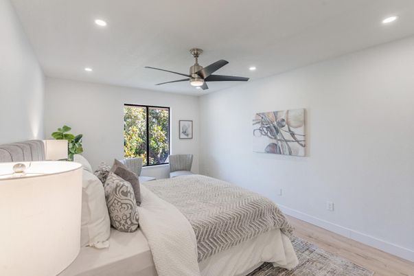 Bedroom, Interior, Recessed Lighting, Wood Texture Flooring