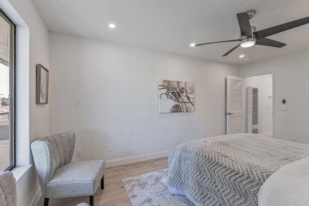 Bedroom, Interior, Recessed Lighting, Wood Texture Flooring