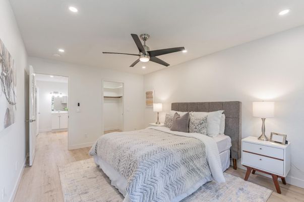 Bedroom, Interior, Recessed Lighting, Wood Texture Flooring