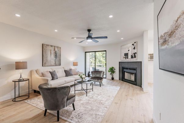 Fireplace, Interior, Living room, Recessed Lighting, Wood Texture Flooring