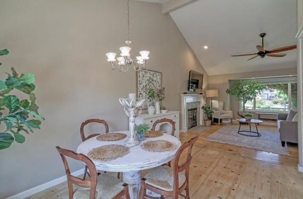 Chandelier, Dining room, Fireplace, Interior, Living room, Recessed Lighting, Wood Texture Flooring