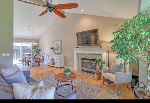 Chandelier, Dining room, Fireplace, Interior, Living room, Recessed Lighting, Wood Texture Flooring