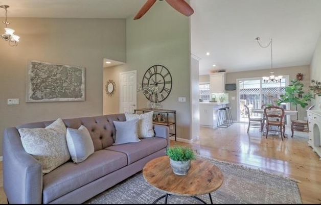 Chandelier, Dining room, Interior, Kitchen, Living room, Pendant Lights, Recessed Lighting, Wood Texture Flooring