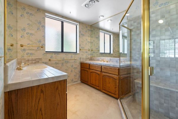 Bathroom, Dual Sink Vanities, Glass Shower, Interior, Recessed Lighting, Tile Countertops