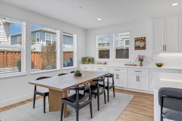 Dining room, Interior, Recessed Lighting, Wood Texture Flooring