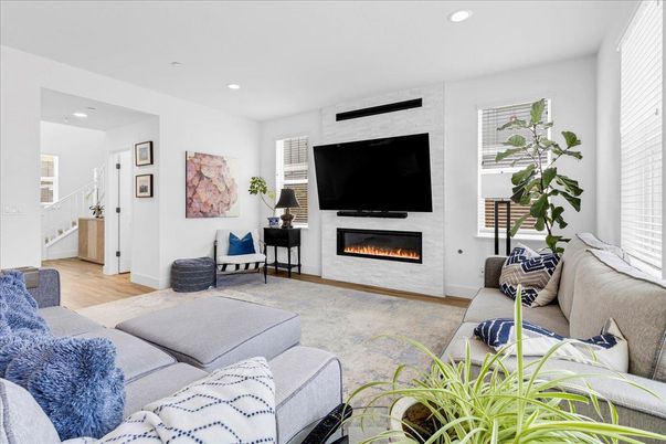 Fireplace, Interior, Living room, Recessed Lighting, Wood Texture Flooring