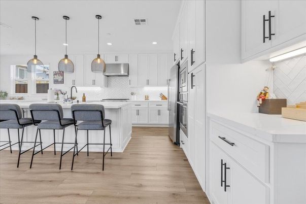 Interior, Kitchen, Pendant Lights, Recessed Lighting, Stainless Steel Appliances, Wood Texture Flooring