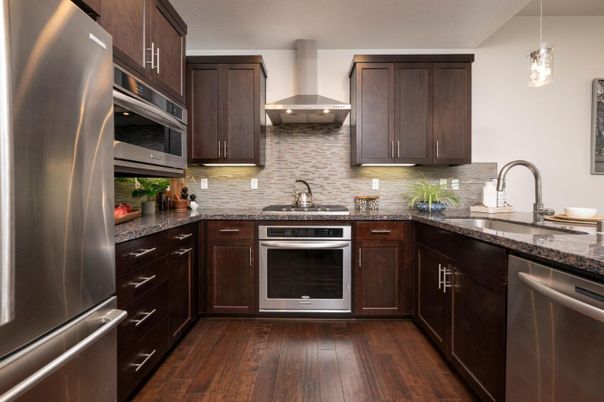 Interior, Kitchen, Pendant Lights, Stainless Steel Appliances, Wood Texture Flooring