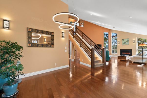 Fireplace, Interior, Living room, Pendant Lights, Recessed Lighting, Wood Texture Flooring