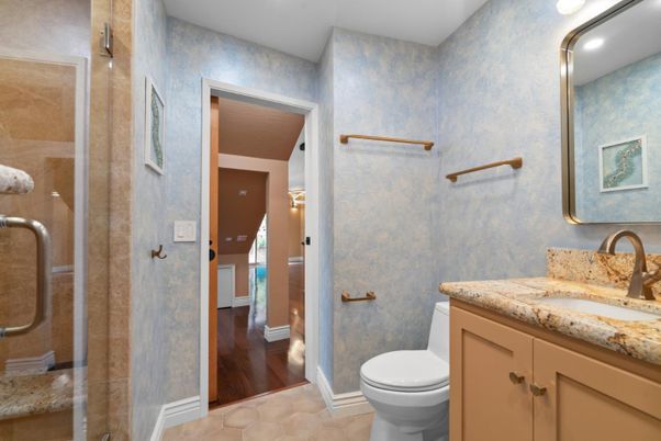 Bathroom, Glass Shower, Interior, Recessed Lighting, Wood Texture Flooring