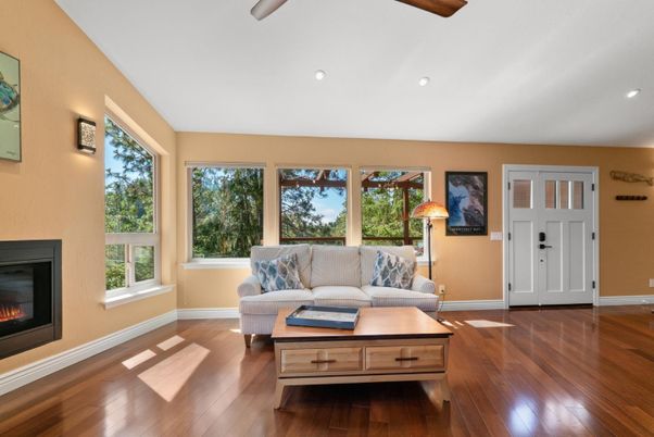 Fireplace, Interior, Living room, Recessed Lighting, Wood Texture Flooring