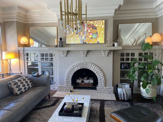 Fireplace, Interior, Living room, Pendant Lights, Stone Walls