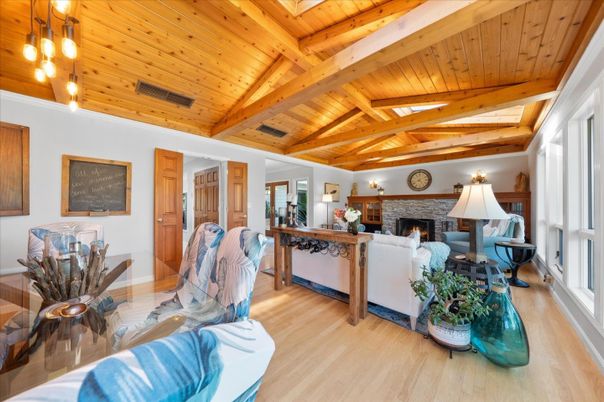 Fireplace, Interior, Living room, Pendant Lights, Wooden Beams, Wooden Ceilings, Wood Texture Flooring