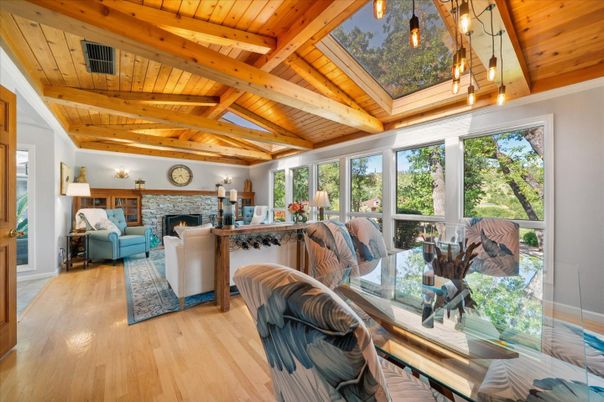 Dining room, Fireplace, Interior, Living room, Pendant Lights, Wooden Beams, Wooden Ceilings, Wood Texture Flooring