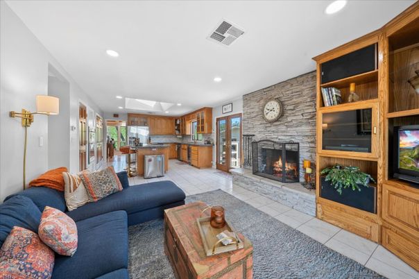 Fireplace, Interior, Kitchen, Living room, Recessed Lighting, Stone Walls