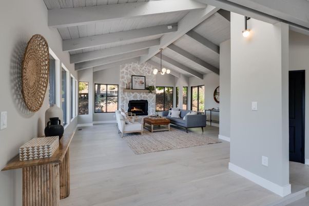Fireplace, Interior, Living room, Pendant Lights, Wood Texture Flooring